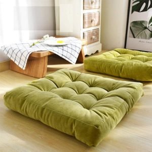 Square Shape Velvet Floor Cushions - Olive Green